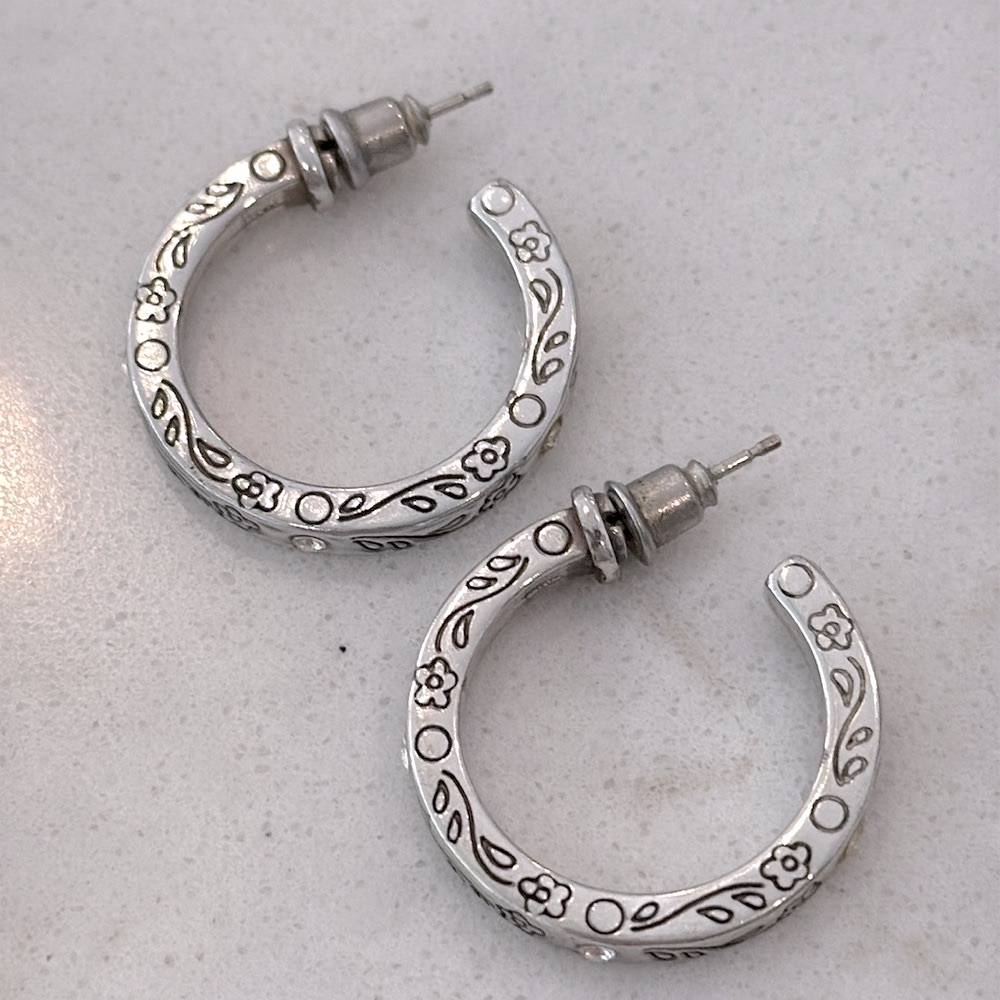Brighton Secret of Love Vintage Retired Silver Hoop Earrings with Crystals - Picture 2 of 7